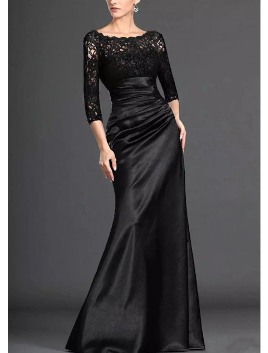 Mermaid / Trumpet Mother of the Bride Dress Elegant Off Shoulder Floor Length Lace Stretch Satin 3/4 Length Sleeve with Pleats Draping