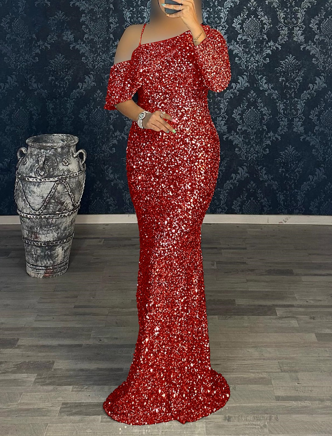 Mermaid Dress Evening Gown Red Green Dress Cocktail Party Sweep / Brush Train Long Sleeve One Shoulder Sequined with Sequin
