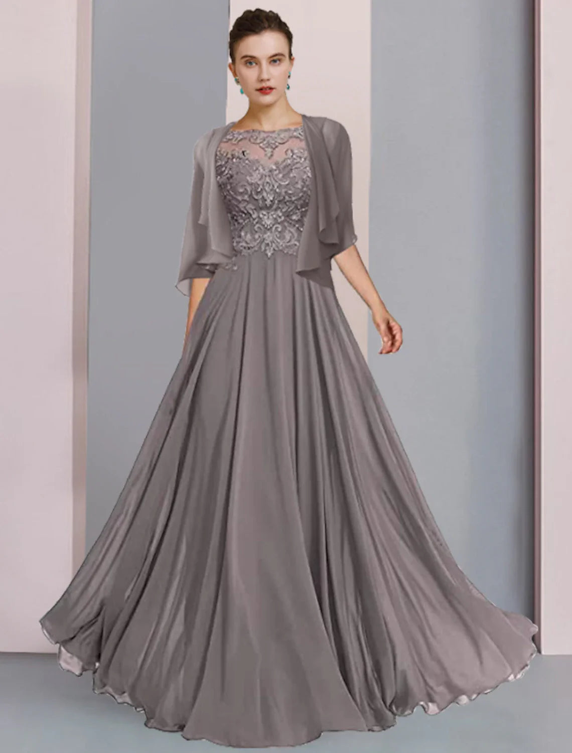 Aimishang  A-Line Mother of the Bride Dress Formal Wedding Guest Elegant Scoop Neck Floor Length Chiffon Lace Half Sleeve Wrap Included with Pleats Beading Appliques