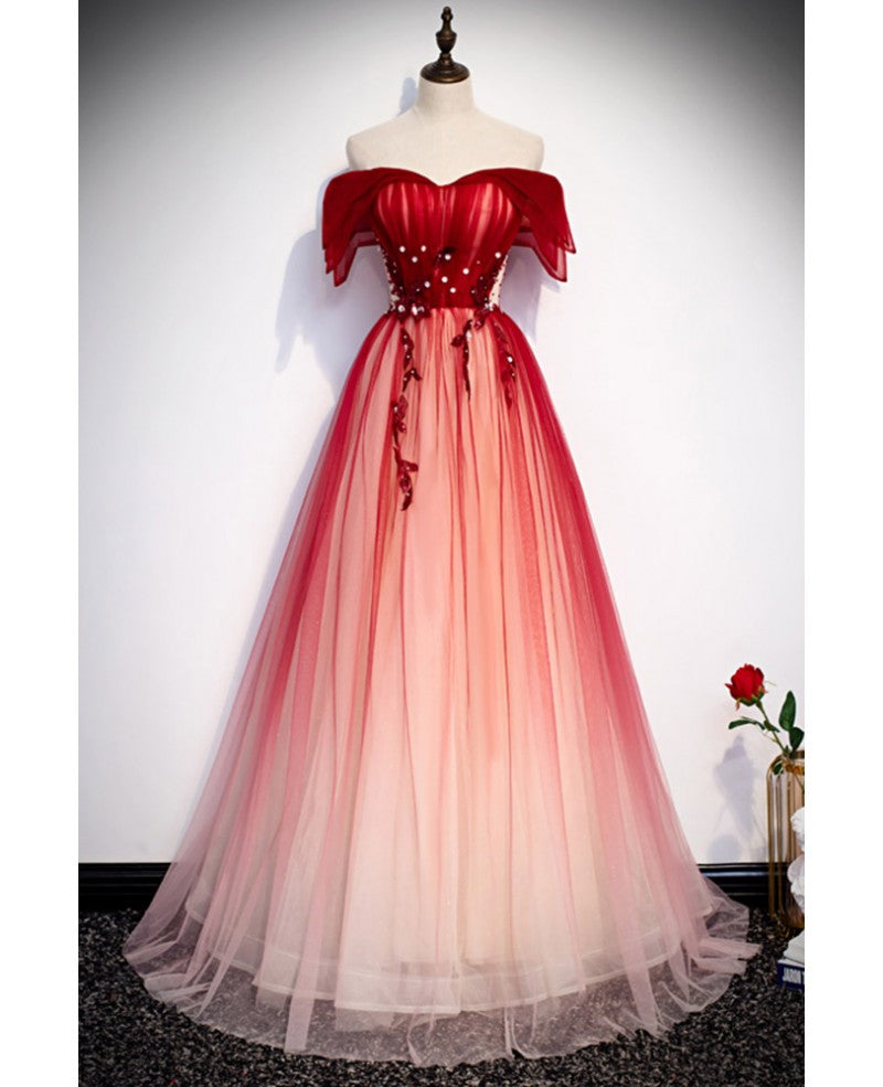 Unique and beautiful gradient red off shoulder short sleeved beaded evening dress gradient red A-line princess strapless backless strap and ground length evening dress
