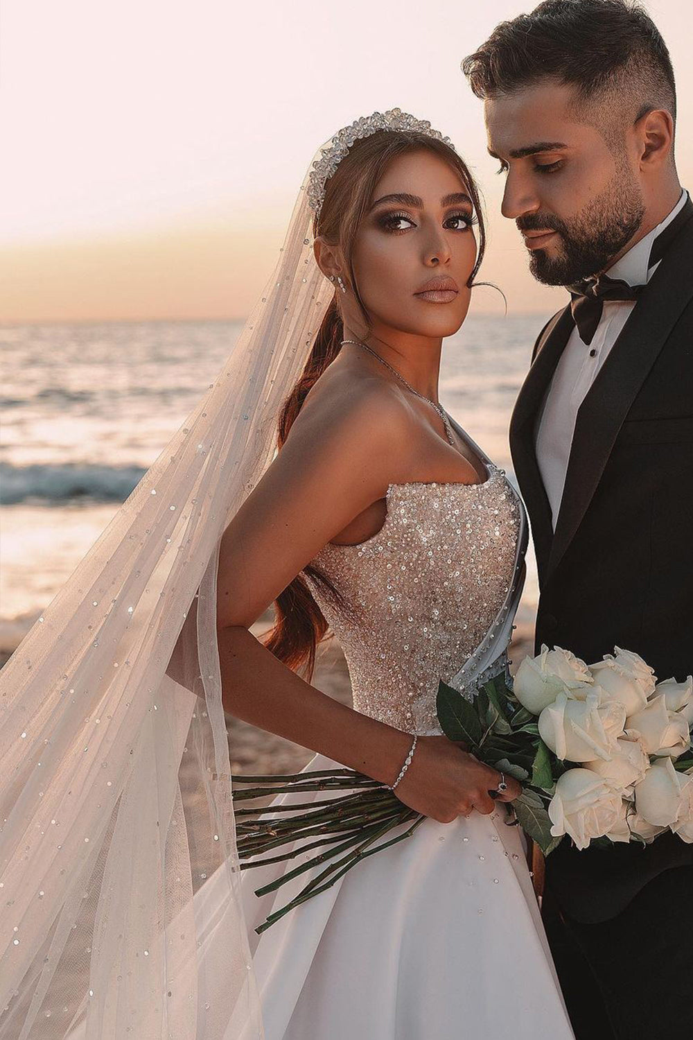 One Shoulder Long Sleeves Wedding Dress With Sparkling Sequins