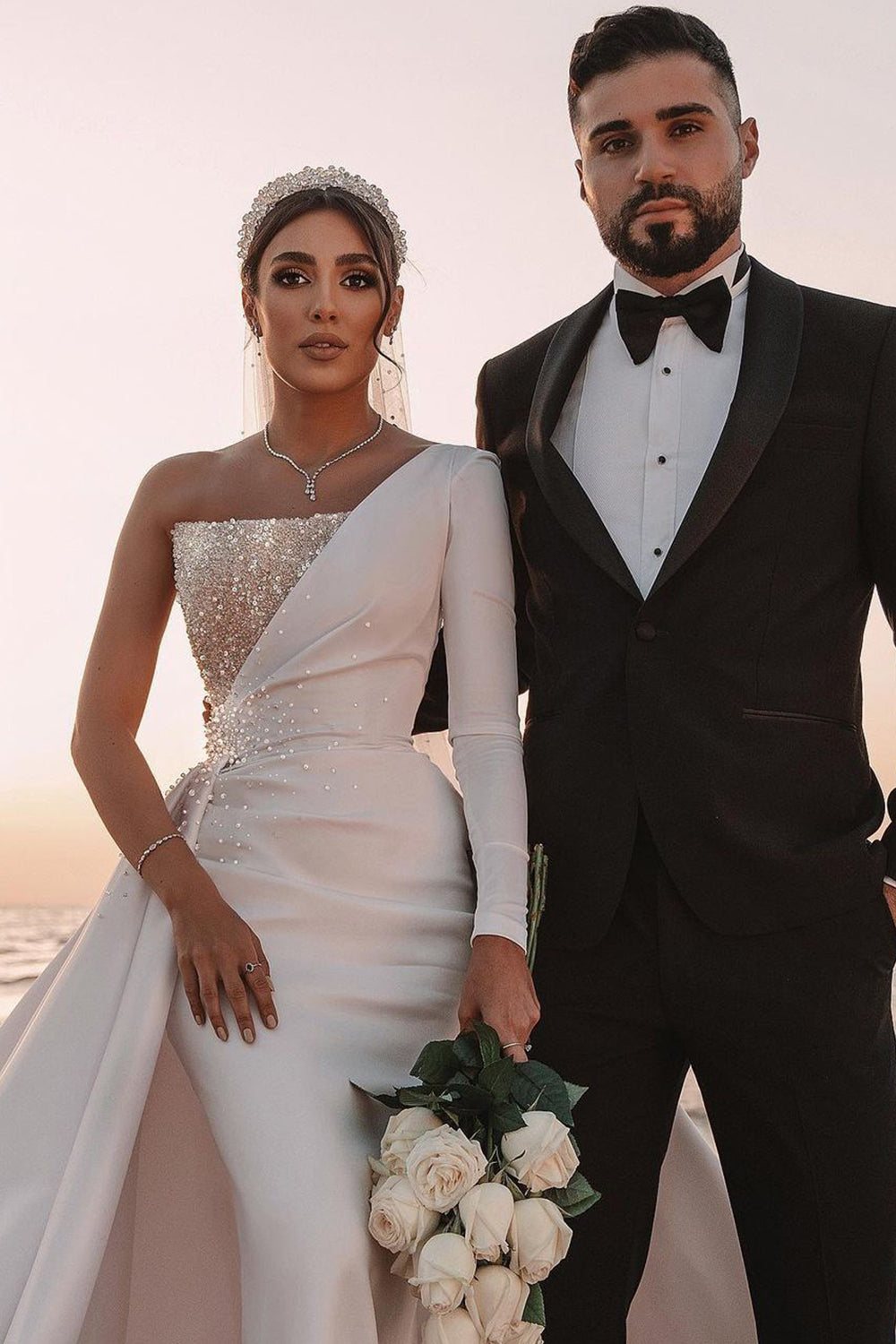 One Shoulder Long Sleeves Wedding Dress With Sparkling Sequins