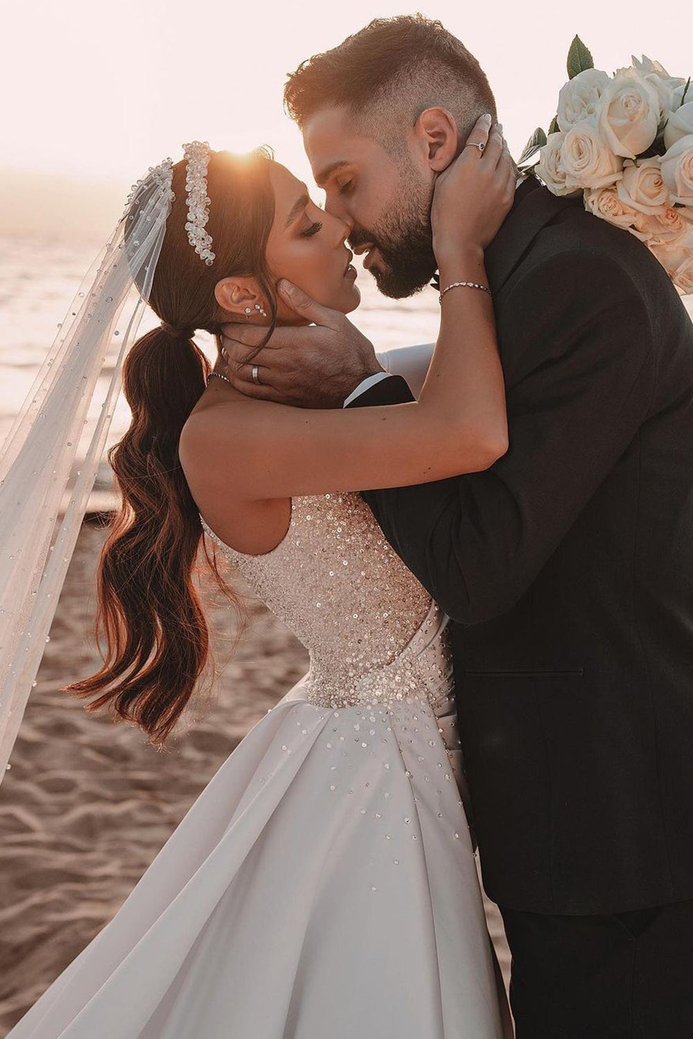 One Shoulder Long Sleeves Wedding Dress With Sparkling Sequins