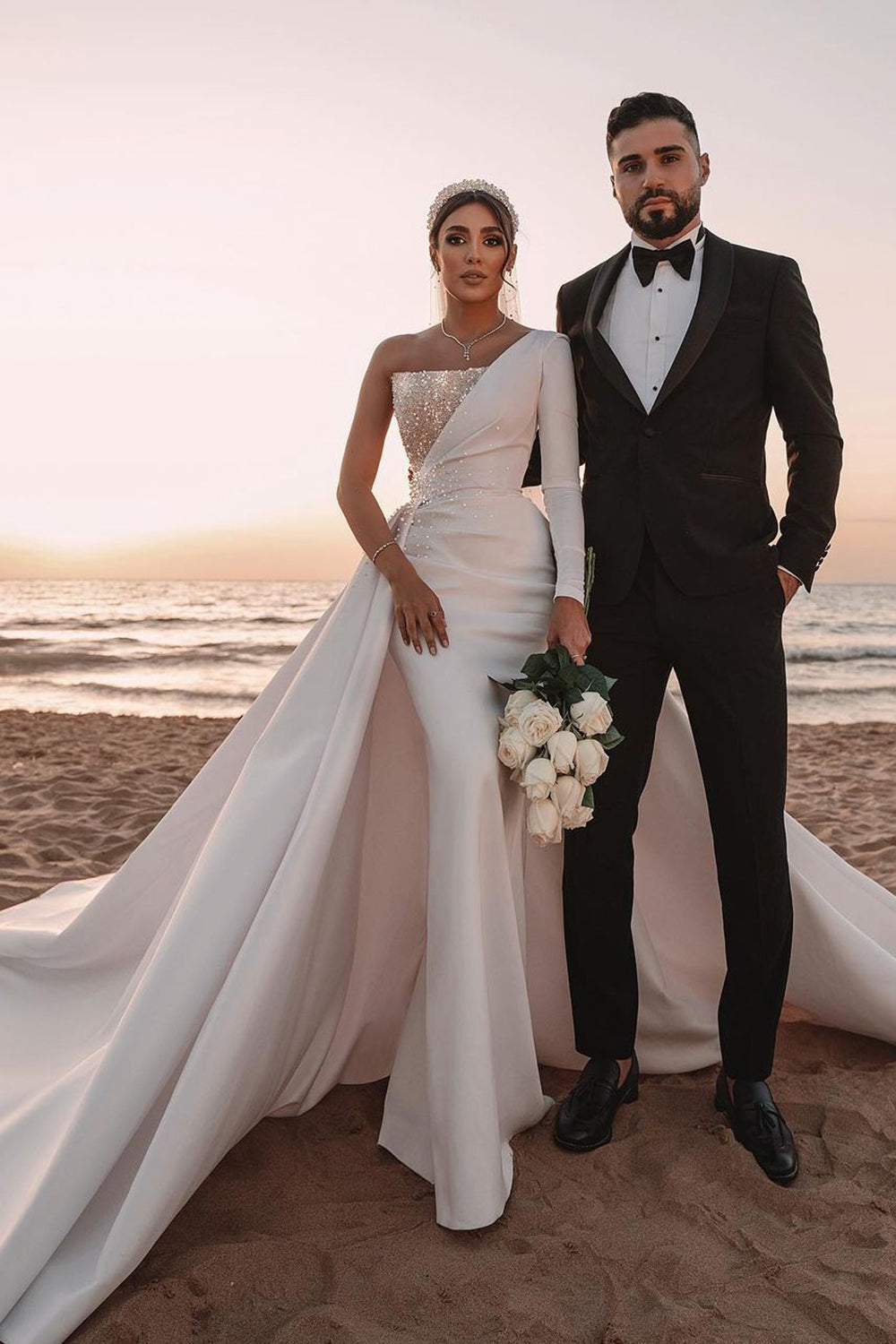 One Shoulder Long Sleeves Wedding Dress With Sparkling Sequins