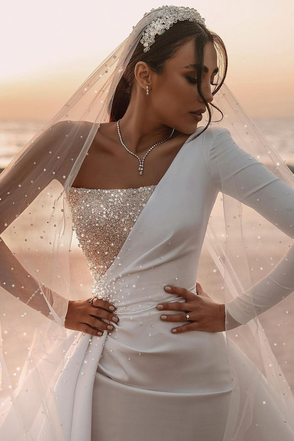One Shoulder Long Sleeves Wedding Dress With Sparkling Sequins