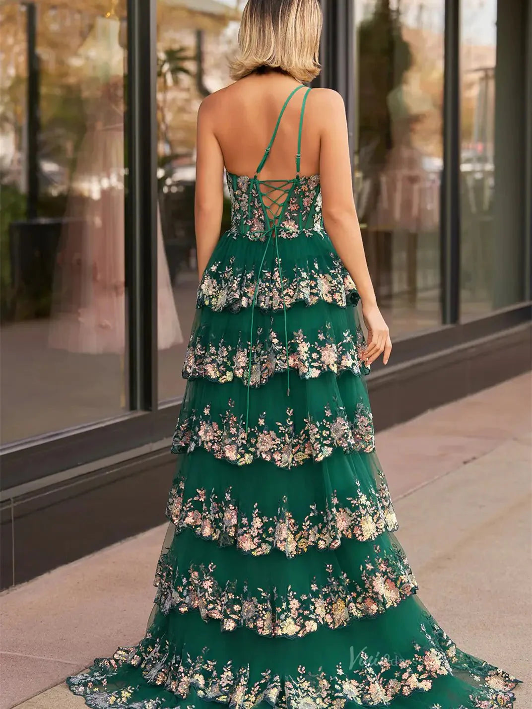 One Shoulder Tiered Prom Dresses with Slit Lace Applique Formal Dresses - FD3637e