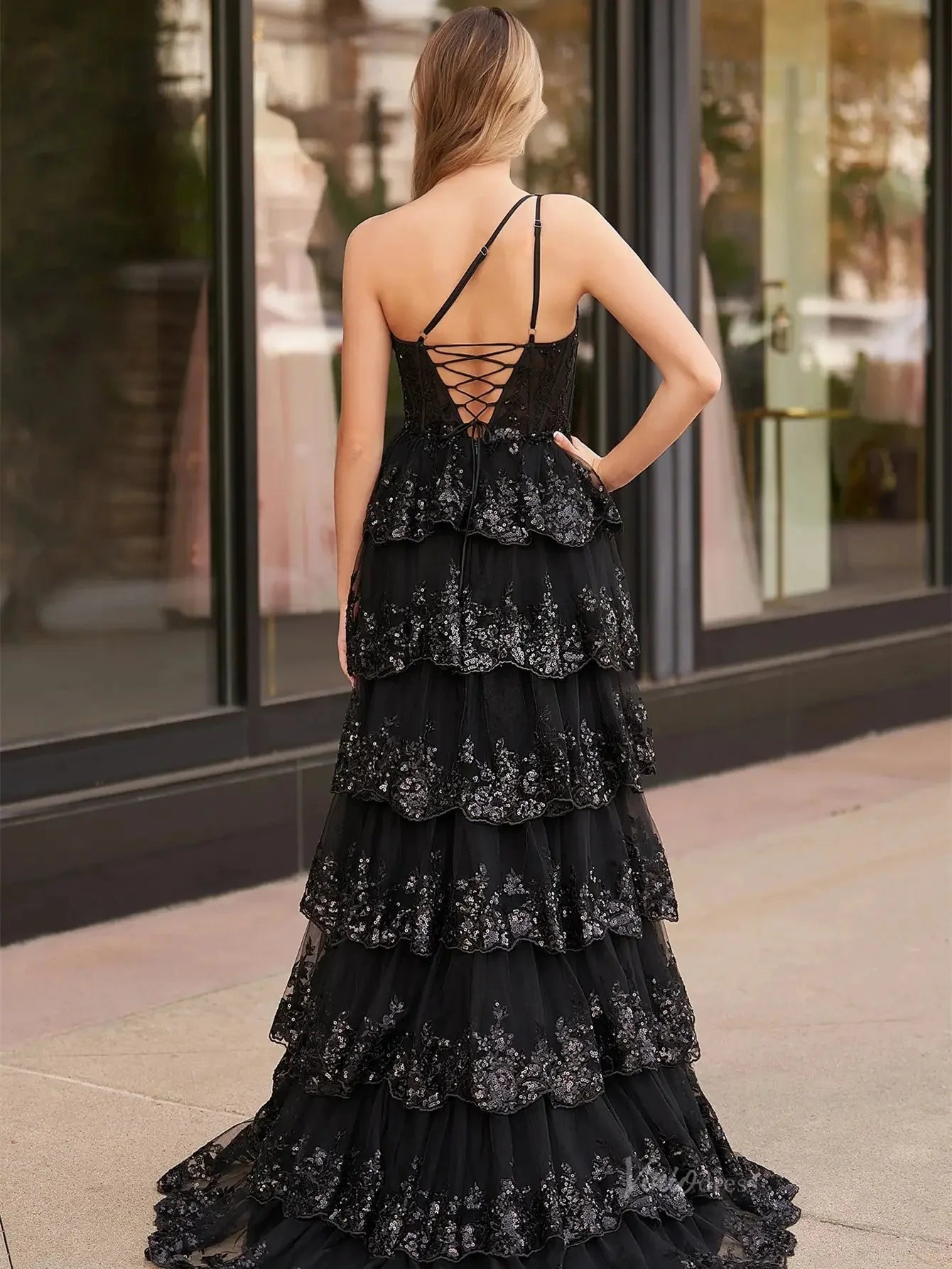 One Shoulder Tiered Prom Dresses with Slit Lace Applique Formal Dresses - FD3637e