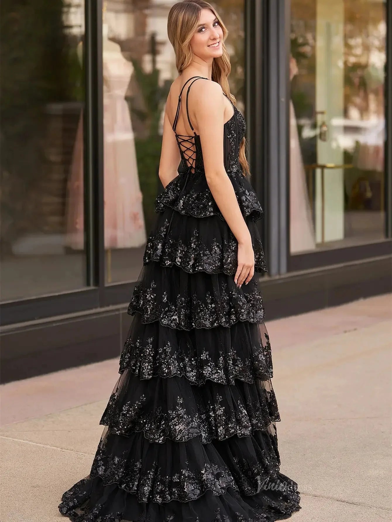 One Shoulder Tiered Prom Dresses with Slit Lace Applique Formal Dresses - FD3637e