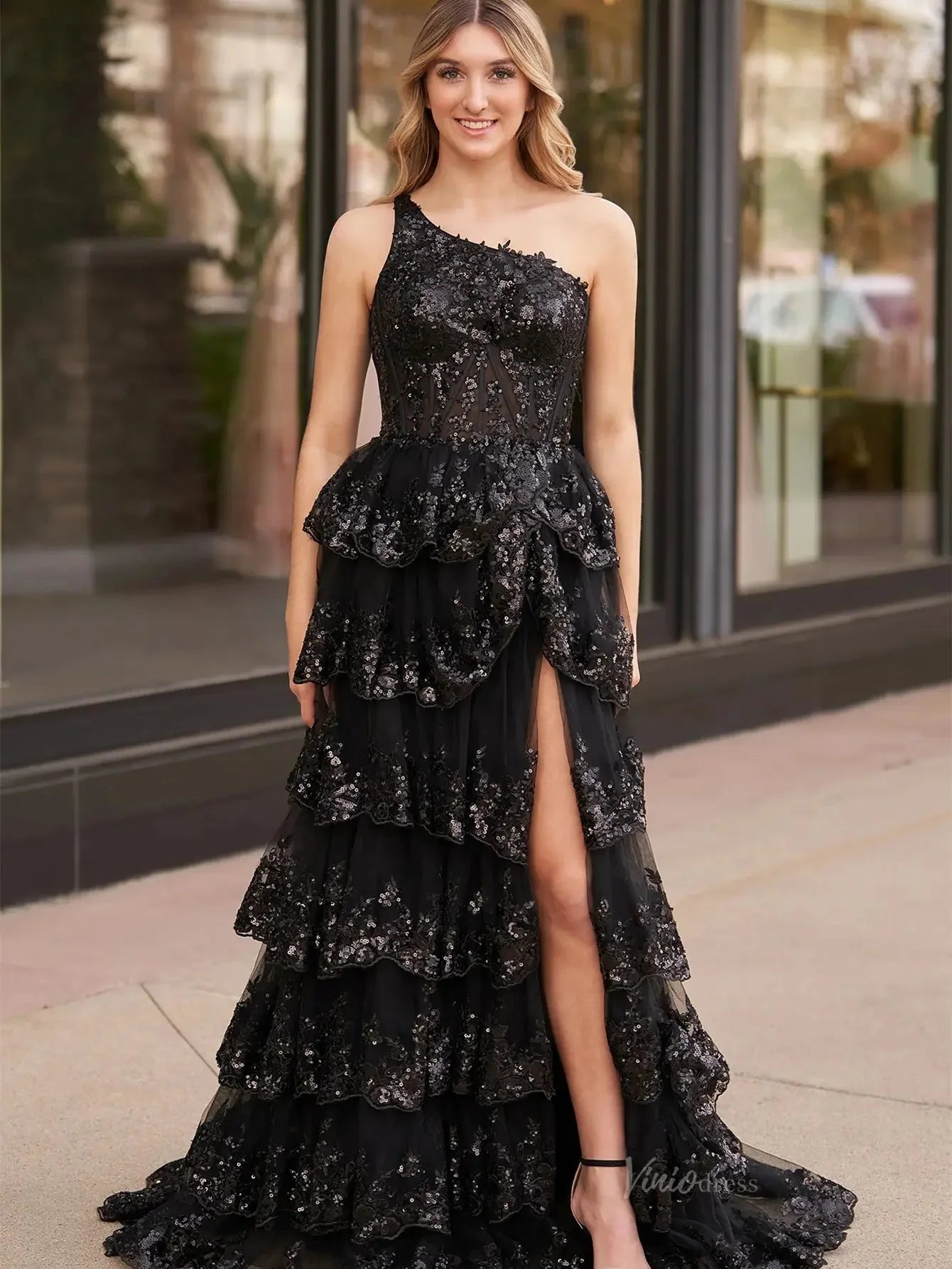 One Shoulder Tiered Prom Dresses with Slit Lace Applique Formal Dresses - FD3637e