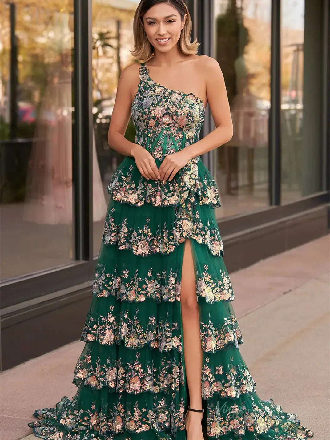 One Shoulder Tiered Prom Dresses with Slit Lace Applique Formal Dresses - FD3637e