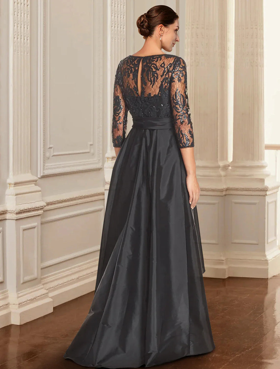 Aimishang  A-Line Mother of the Bride Dress Formal Wedding Guest Elegant Black Dress Jewel Neck Asymmetrical Lace Italy Satin 3/4 Length Sleeve with Lace Bow(s) Sequin