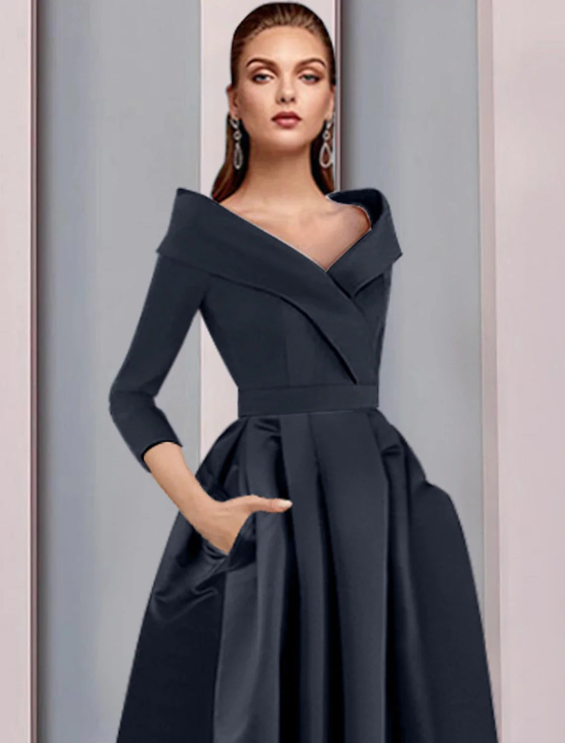Aimishang  A-Line Mother of the Bride Dress Wedding Guest Elegant High Low Sweet Spaghetti Strap Asymmetrical Tea Length Satin 3/4 Length Sleeve with Pleats Fall