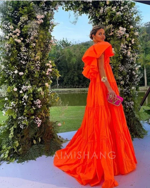 Aimishang Elegant Orange A Line V Neck Prom Dress Evening Party Dress Formal Wear Dress