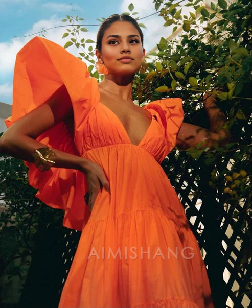 Aimishang Elegant Orange A Line V Neck Prom Dress Evening Party Dress Formal Wear Dress