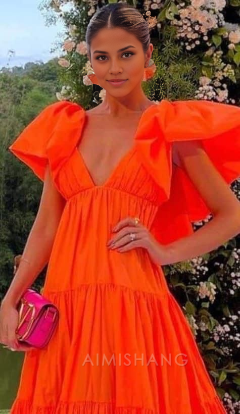 Aimishang Elegant Orange A Line V Neck Prom Dress Evening Party Dress Formal Wear Dress