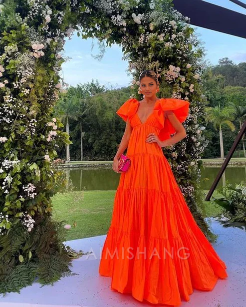 Aimishang Elegant Orange A Line V Neck Prom Dress Evening Party Dress Formal Wear Dress