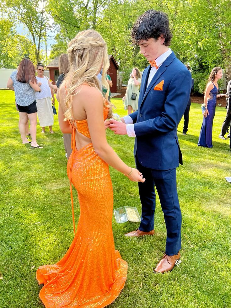 Orange Mermaid Sequins Long Prom Dress Gowns Dresses Elegant