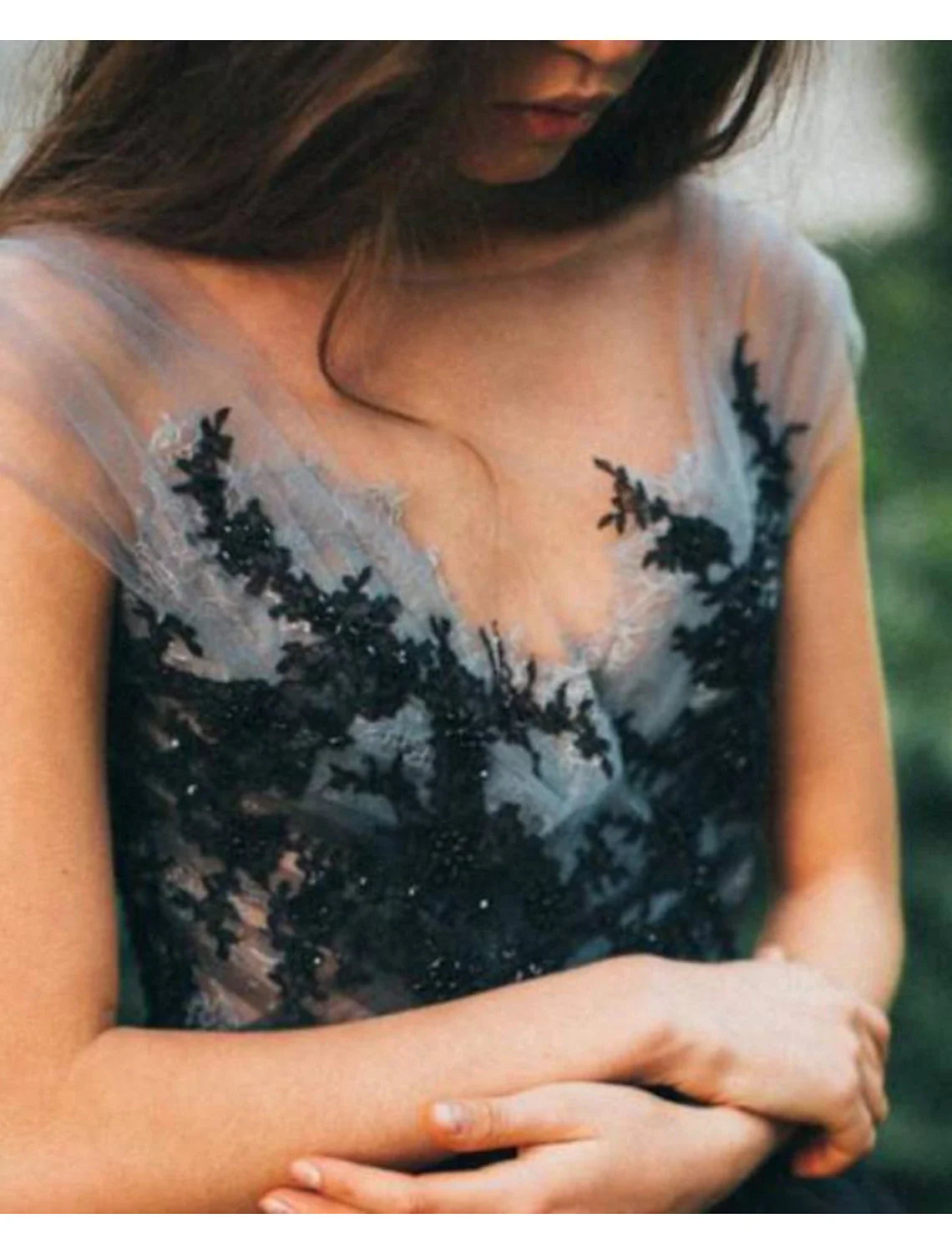 Ball Gown Black Wedding Dress Gothic Quinceanera Dresses Color Block Dress Sweep / Brush Train Sleeveless V Neck Tulle V Back with Pleats Appliques