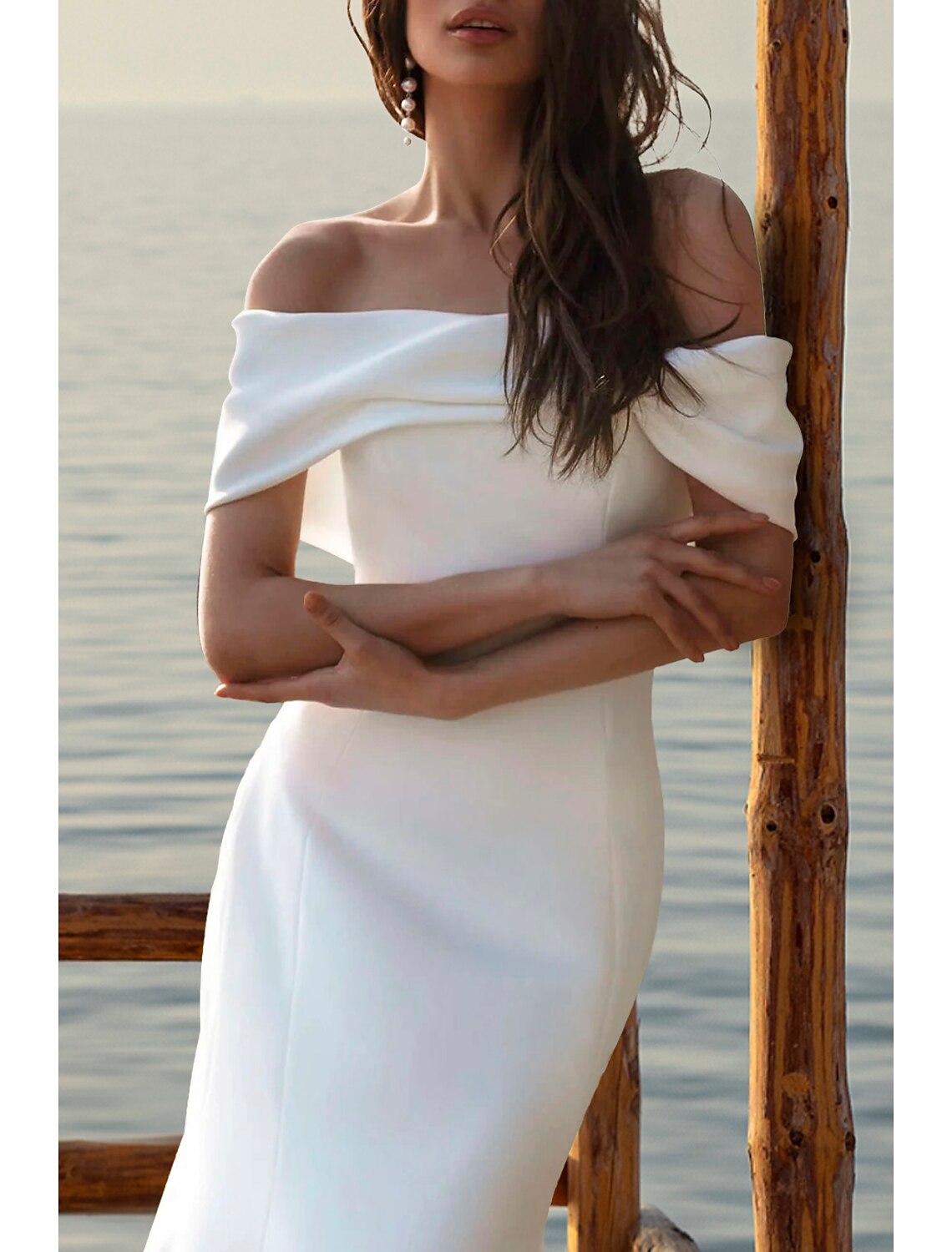 Aimishang Beach Simple Wedding Dresses Mermaid / Trumpet Off Shoulder Cap Sleeve Court Train Satin Bridal Gowns With Ruched