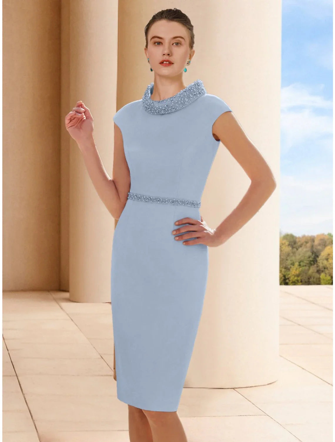 Aimishang Two Piece Sheath / Column Mother of the Bride Dress Wedding Guest Elegant Petite Scoop Neck Knee Length Satin 3/4 Length Sleeve with Feather Beading