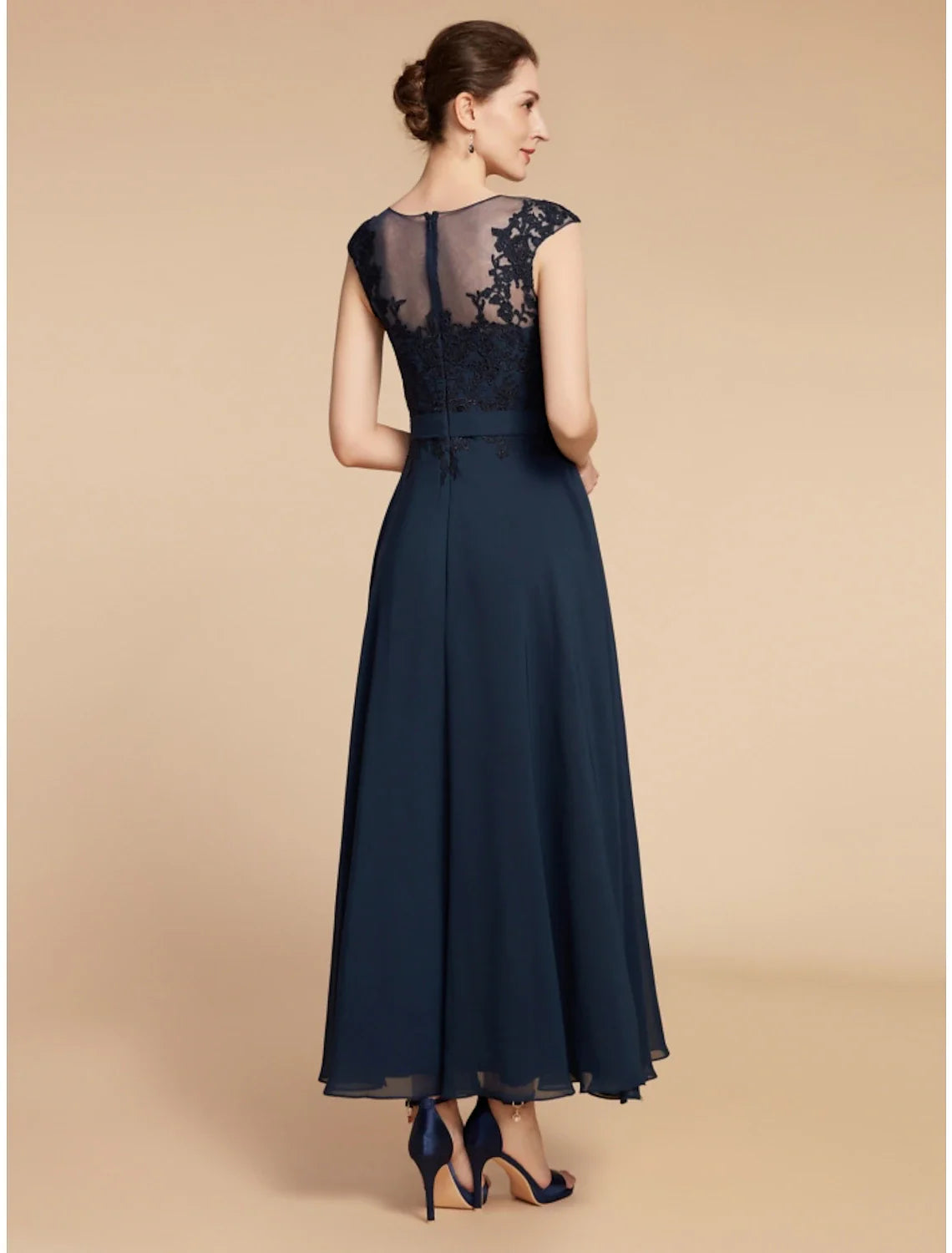 Aimishang  A-Line Mother of the Bride Dress Wedding Guest Elegant Jewel Neck Ankle Length Chiffon Lace Long Sleeve with Ruching Solid Color