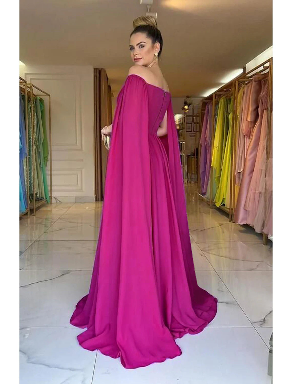 Aimishang A-Line Evening Gown Elegant Dress Formal Wedding Party Sweep / Brush Train Sleeveless Off Shoulder Capes Chiffon with Pleats