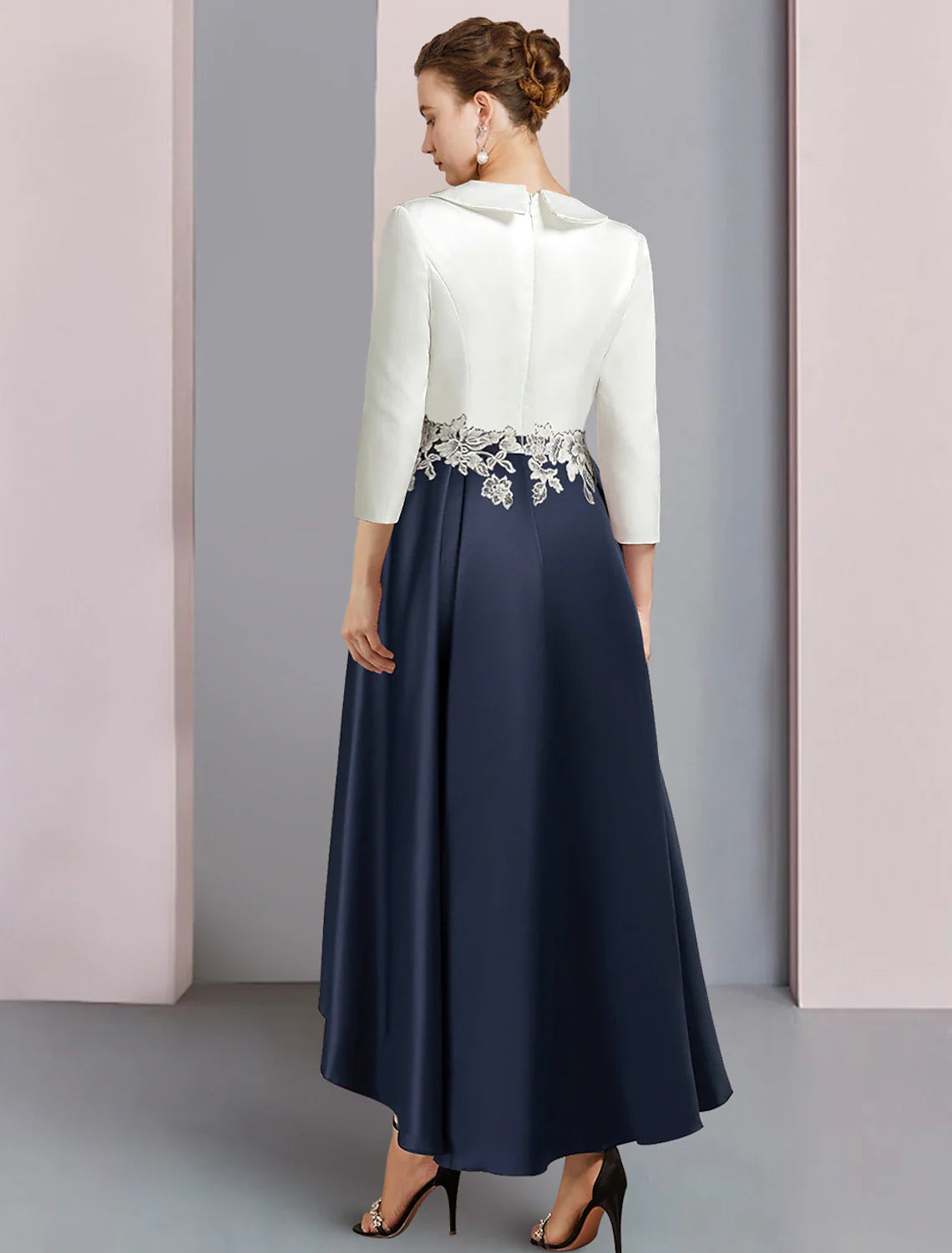 Aimishang A-Line Mother of the Bride Dress Wedding Guest Elegant V Neck Asymmetrical Satin Lace 3/4 Length Sleeve with Ruching