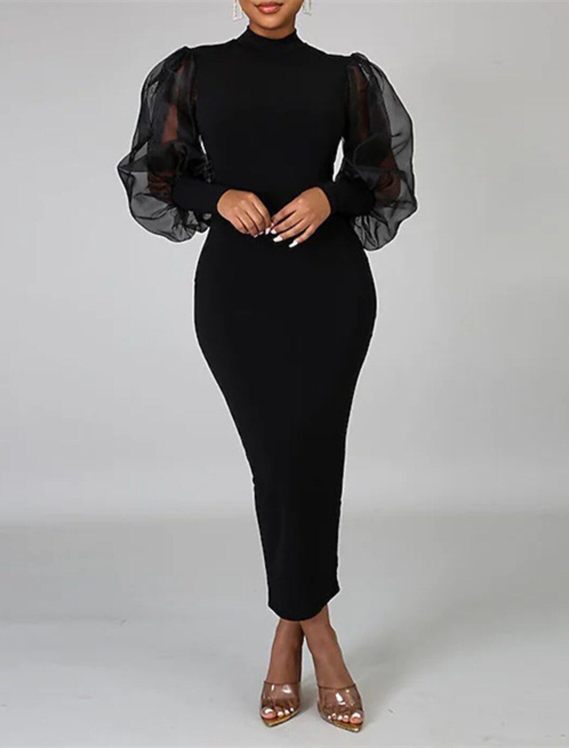 Sheath / Column Wedding Guest Dresses Elegant Dress Party Wear Semi Formal Tea Length Long Sleeve High Neck Stretch Chiffon with Pure Color