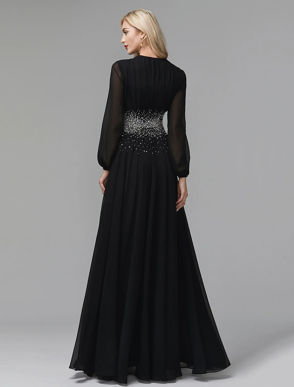 A-Line Evening Dress Celebrity Red Carpet Formal Gown Party Dress Black Tie Wedding Guest Floor Length Long Sleeve V Neck Chiffon with Sequin
