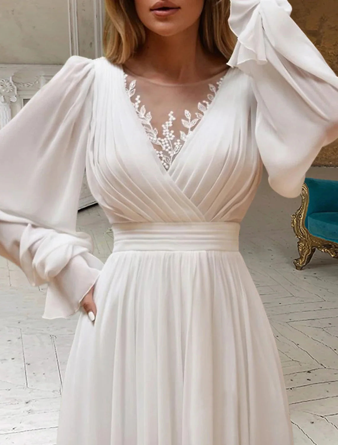 Aimishang Bridal Shower Little White Dresses Wedding Dresses A-Line Scoop Neck Long Sleeve Sweep / Brush Train Chiffon Bridal Gowns With Pleats Appliques