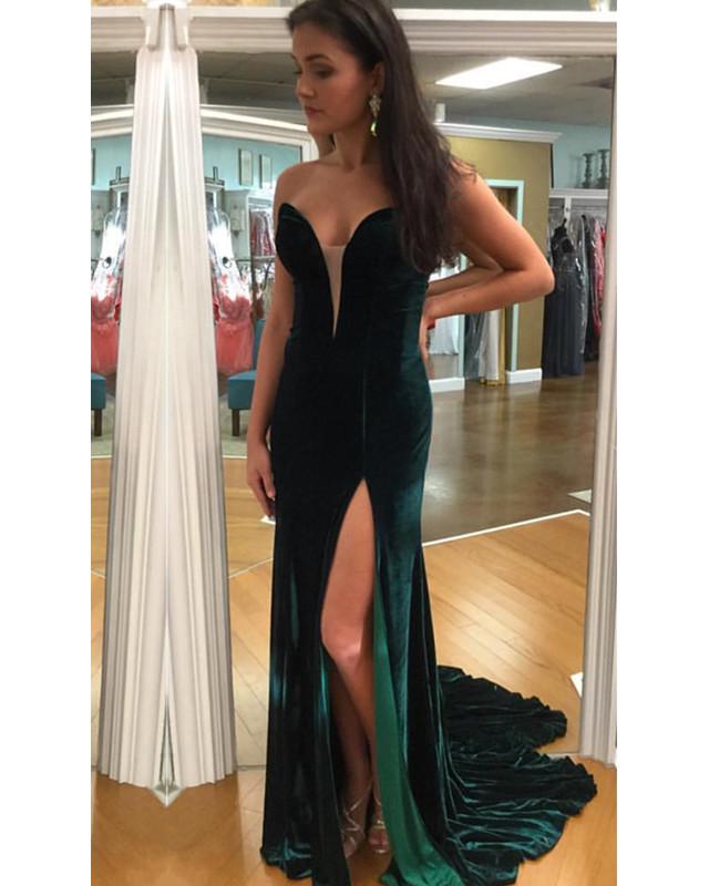 Velvet Sweetheart Mermaid Prom Dresses Long Slit Evening Gowns