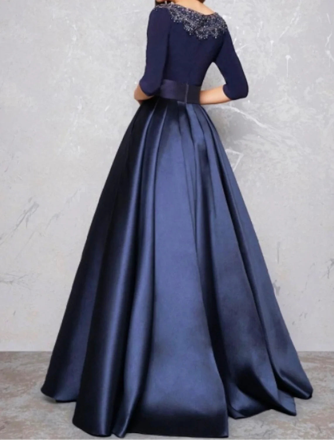 Aimishang Ball Gown Evening Gown Minimalist Dress Quinceanera Formal Evening Floor Length Half Sleeve Illusion Neck Fall Wedding Guest Satin with Pleats Lace Insert