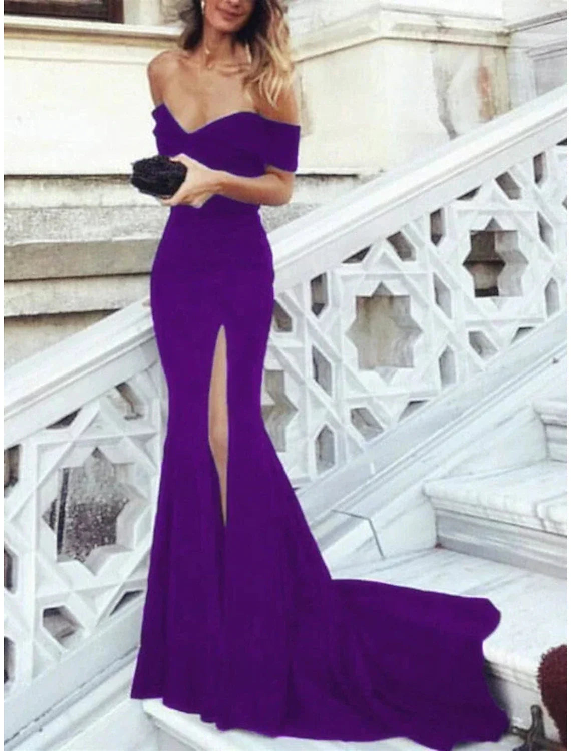A-Line Evening Gown Elegant Dress Formal Court Train Short Sleeve Off Shoulder Stretch Fabric with Pleats Slit