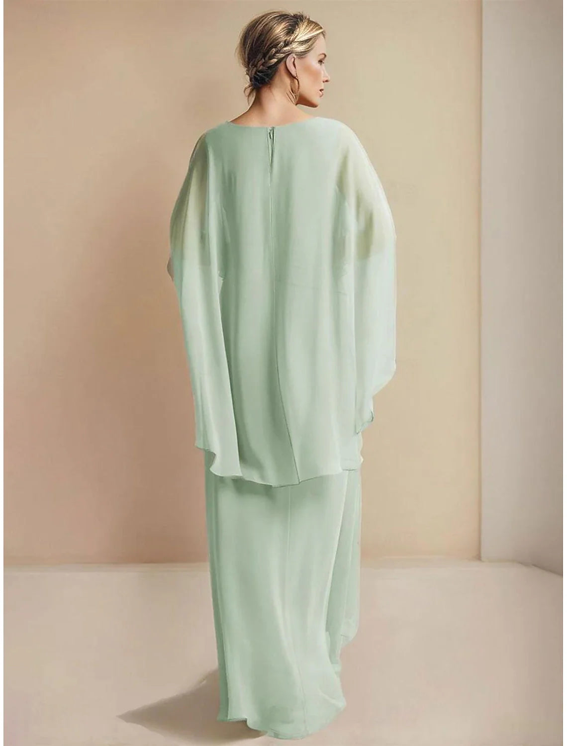 A-Line Mother of the Bride Dress Sage Wedding Guest Elegant Simple Wrap Included V Neck Floor Length Chiffon 3/4 Length Sleeve with Pleats Ruched Ruffles
