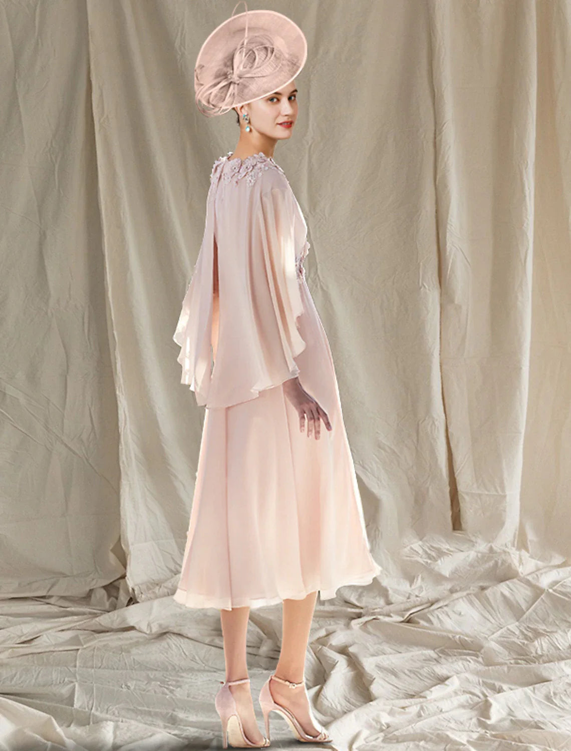 Aimishang  Two Piece A-Line Mother of the Bride Dress Wedding Guest Church Elegant V Neck Tea Length Chiffon Sleeveless Wrap Included with Appliques