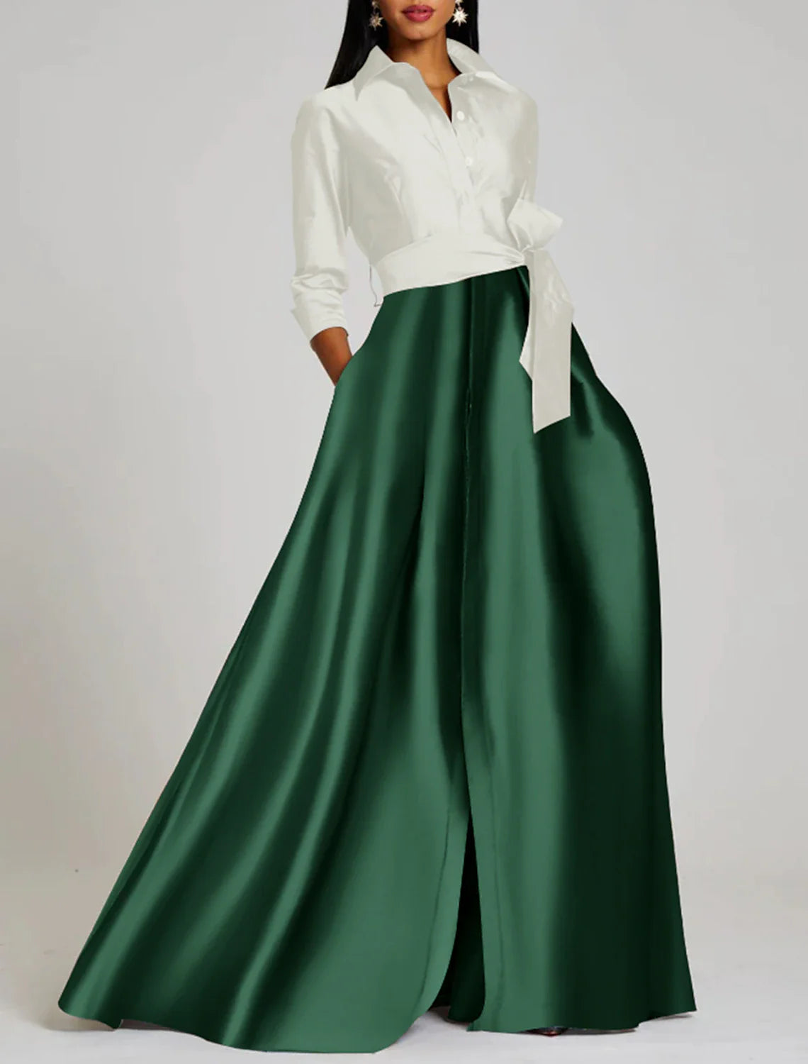 A-Line Evening Gown Elegant Dress Formal Floor Length 3/4 Length Sleeve Shirt Collar Satin with Slit Strappy