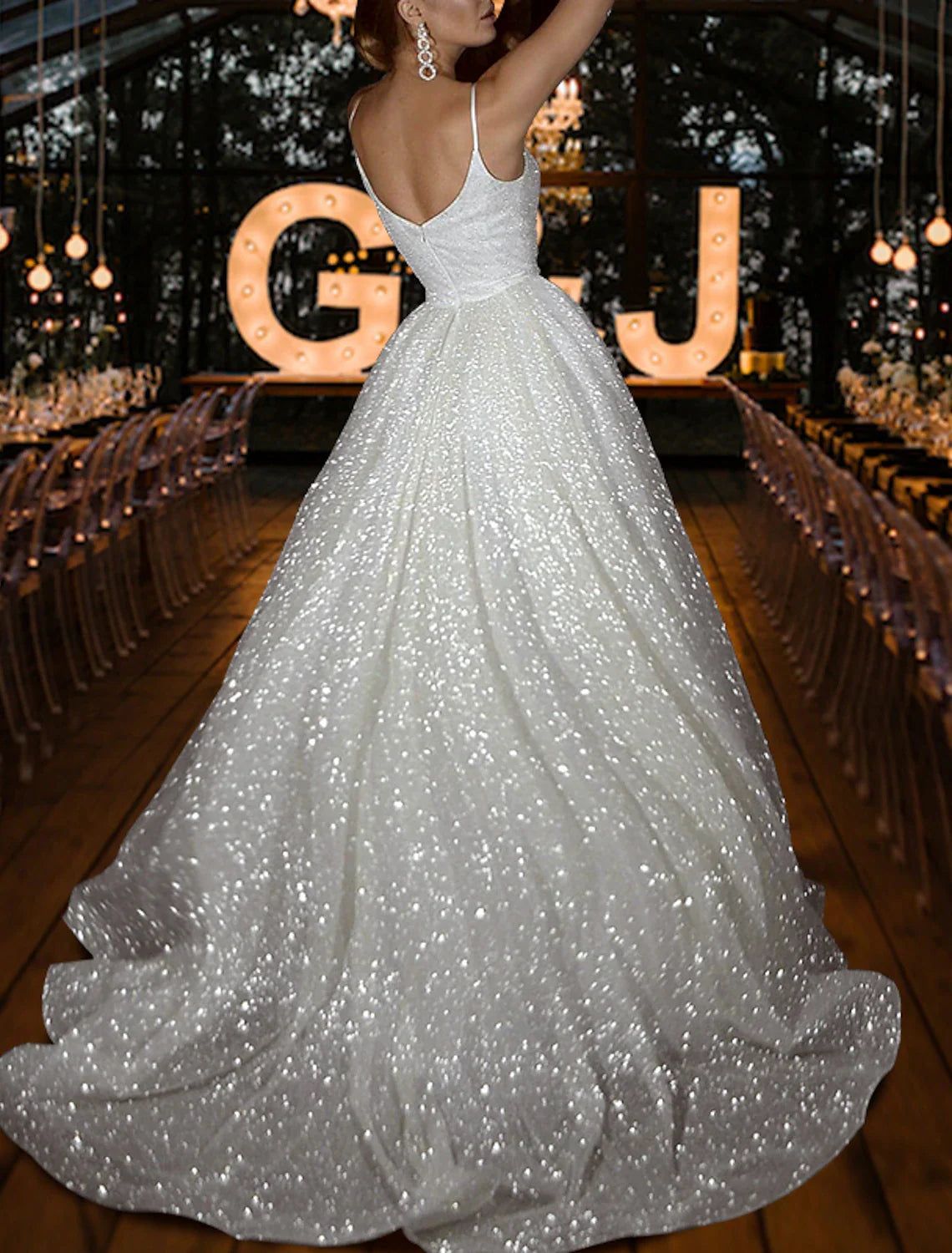 Aimishang Hall Sparkle & Shine Casual Wedding Dresses A-Line Camisole V Neck Spaghetti Strap Sweep / Brush Train Sequined Bridal Gowns With Solid Color