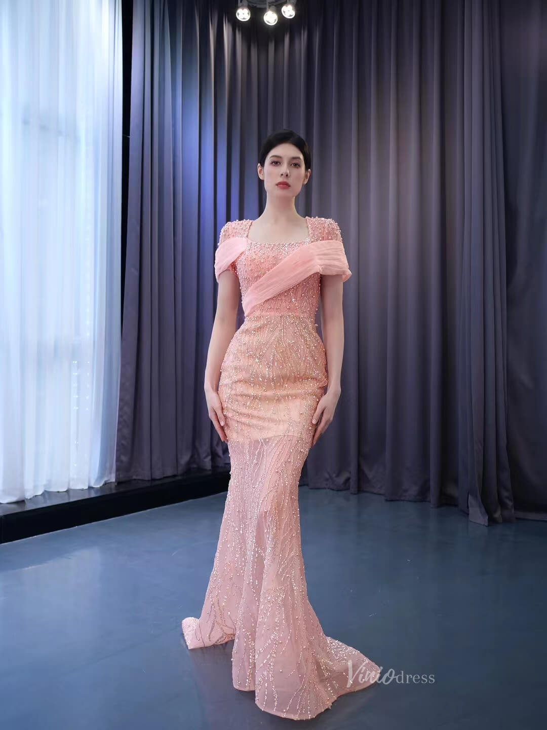 Pink Beaded Mermaid Prom Dress Removable Overskirt Wedding Dresses 222124