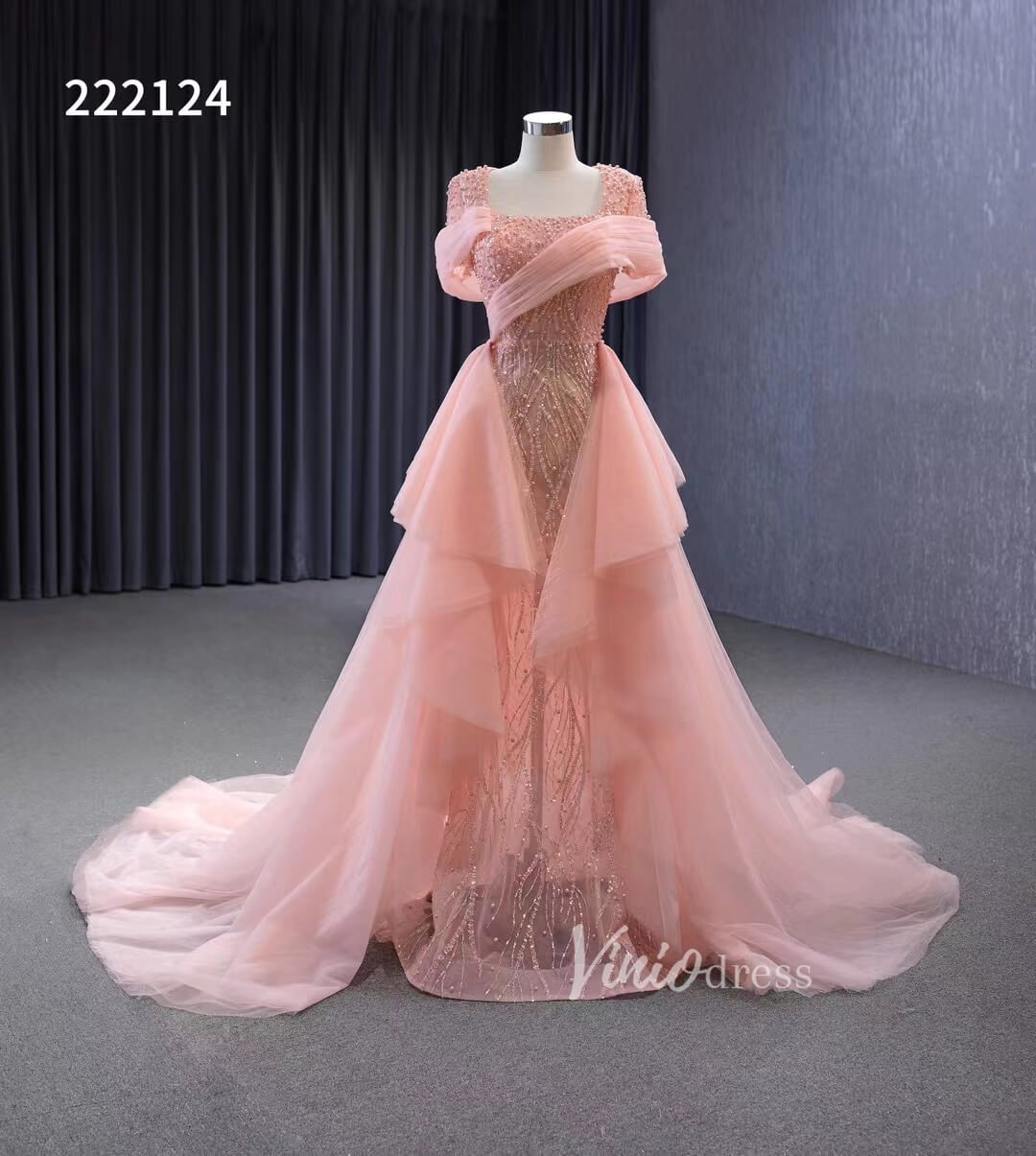 Pink Beaded Mermaid Prom Dress Removable Overskirt Wedding Dresses 222124