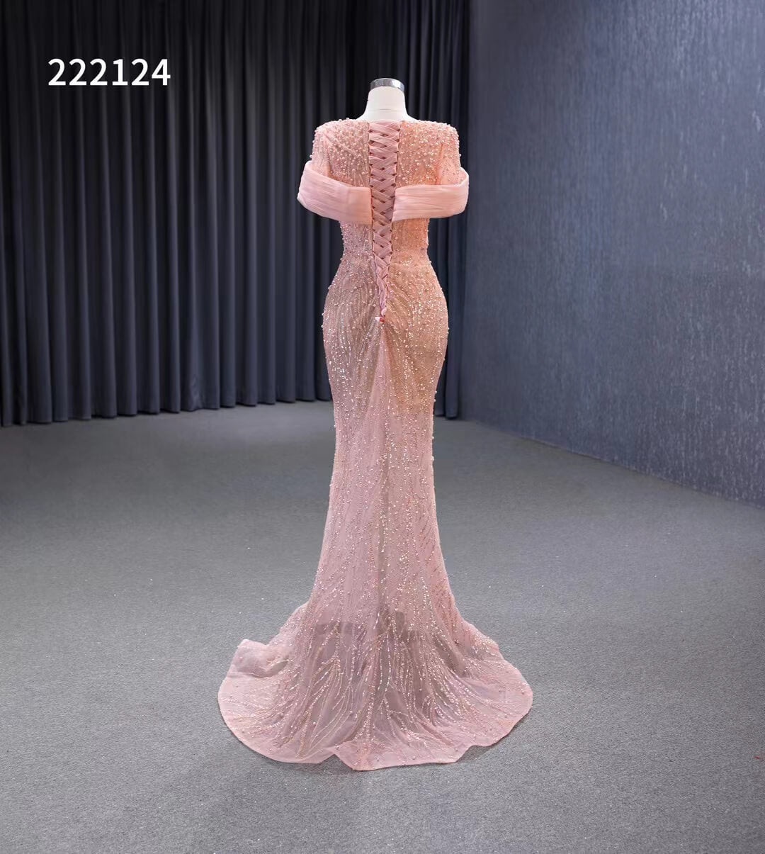 Pink Beaded Mermaid Prom Dress Removable Overskirt Wedding Dresses 222124