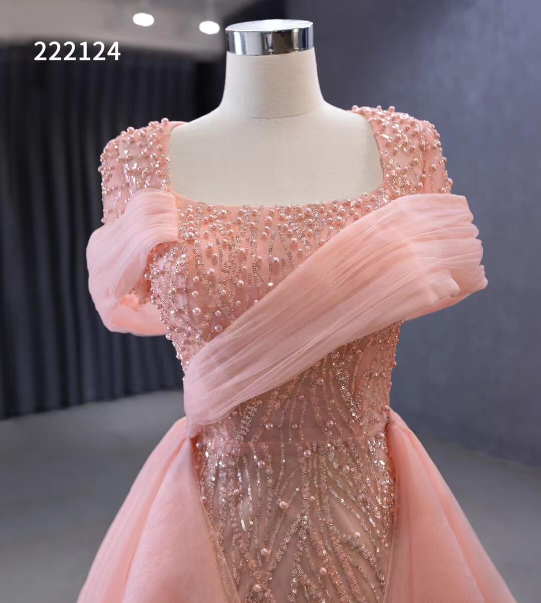 Pink Beaded Mermaid Prom Dress Removable Overskirt Wedding Dresses 222124