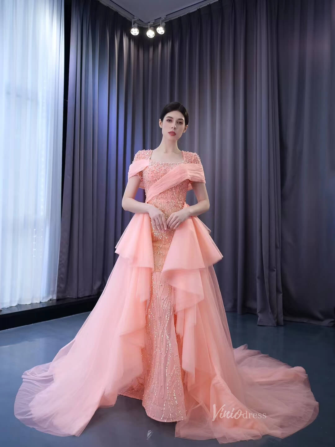 Pink Beaded Mermaid Prom Dress Removable Overskirt Wedding Dresses 222124