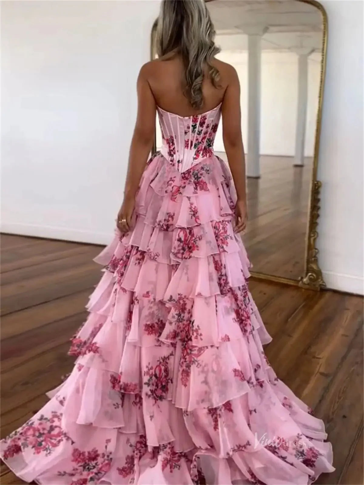 Pink Floral Chiffon Tiered Prom Dress with Slit & Sweetheart Neckline - FD3734