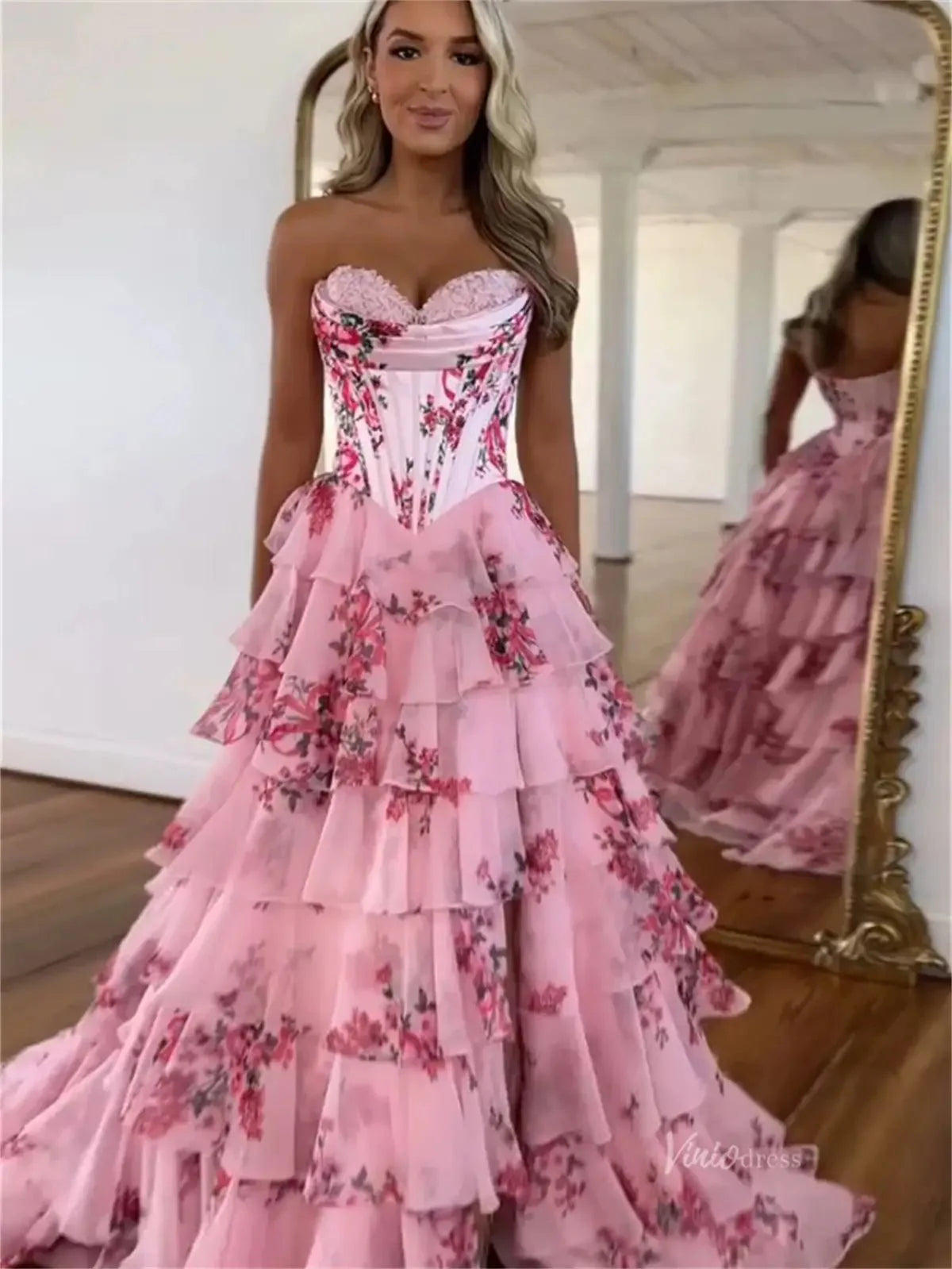 Pink Floral Chiffon Tiered Prom Dress with Slit & Sweetheart Neckline - FD3734