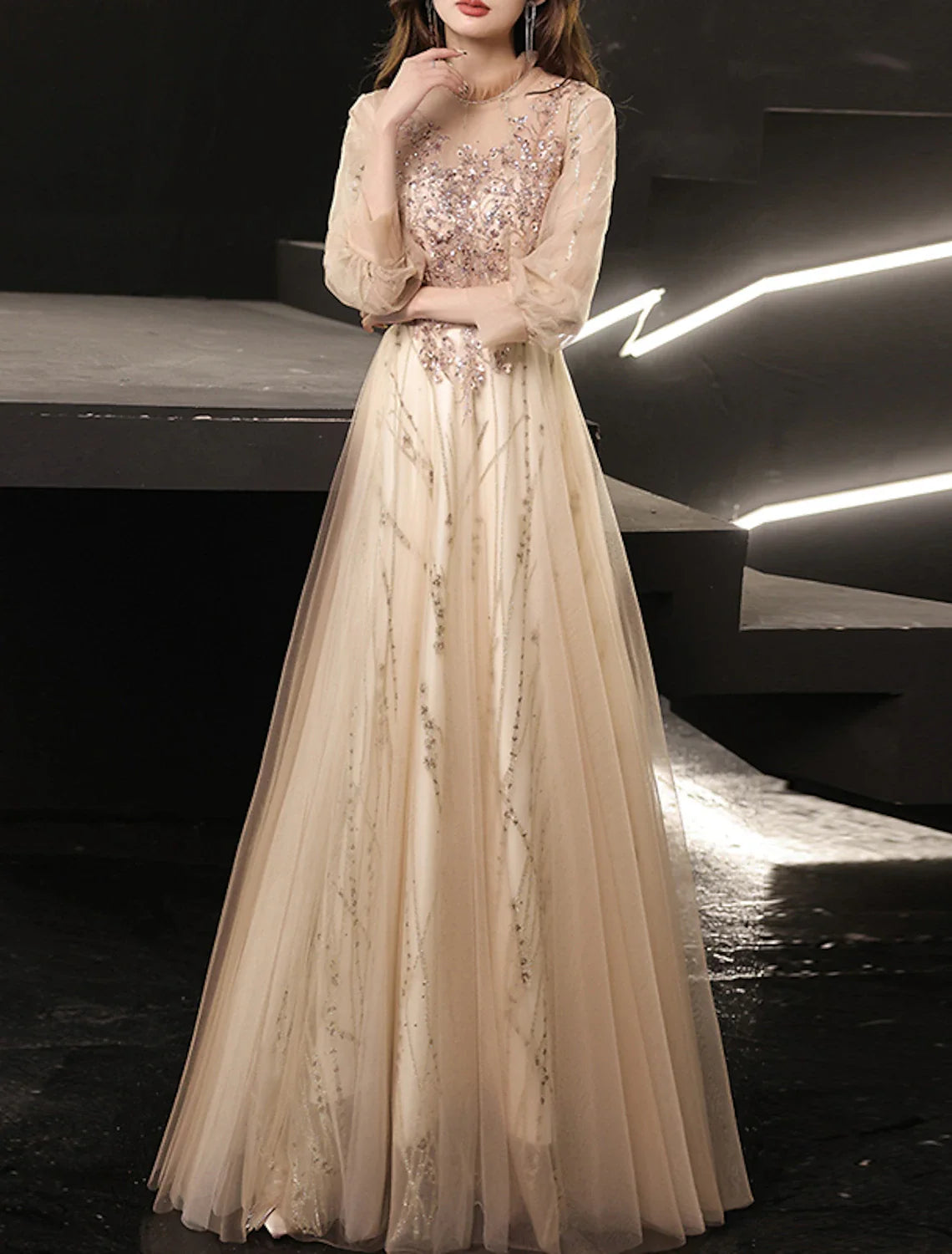 A-Line Prom Dresses Glittering Dress Wedding Guest Prom Floor Length Long Sleeve High Neck Tulle with Beading Appliques 2025
