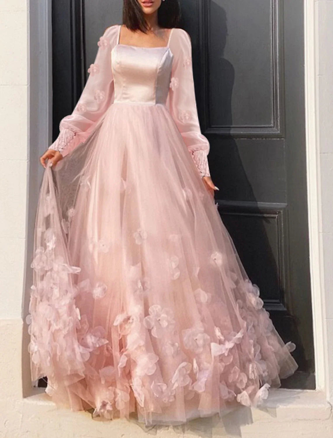 A-Line Prom Dresses Maxi Dress Wedding Guest Sweet 16 Floor Length Long Sleeve Scoop Neck Tulle with Appliques Butterfly 2025