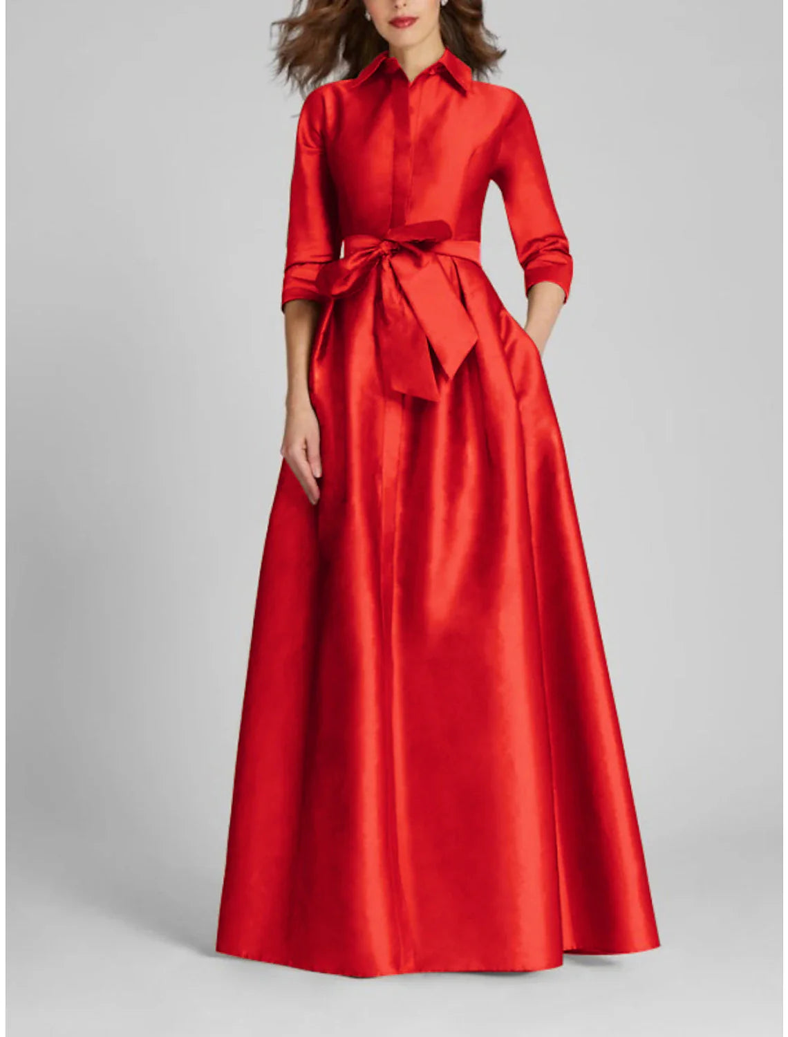 Satin A-Line Evening Gown Champagne Gold Minimalist Black Christmas Red Green Dress Dress Formal Fall Floor Length Half Sleeve Shirt Collar with Bow(s) Pleats 2025