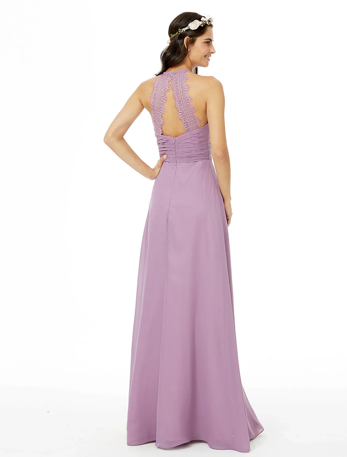 Sheath / Column Bridesmaid Dress Jewel Neck Sleeveless Beautiful Back Floor Length Chiffon with Lace / Sash / Ribbon / Pleats