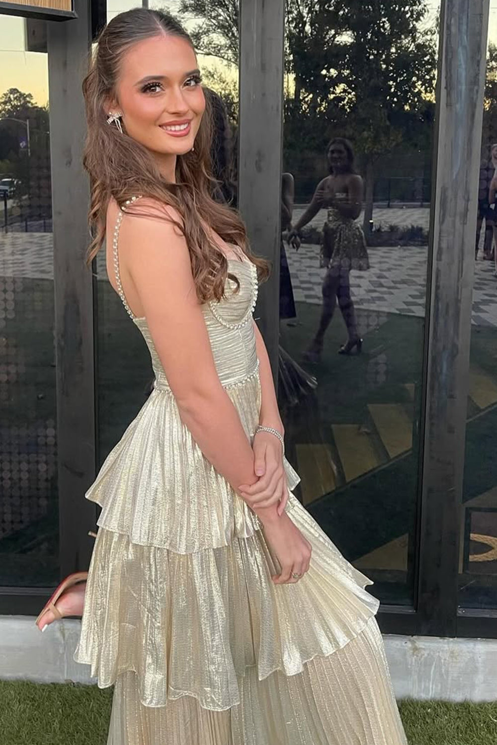 Sparkly A Line Sweetheart Champagne Prom Dresses,Tea Length Party Dress