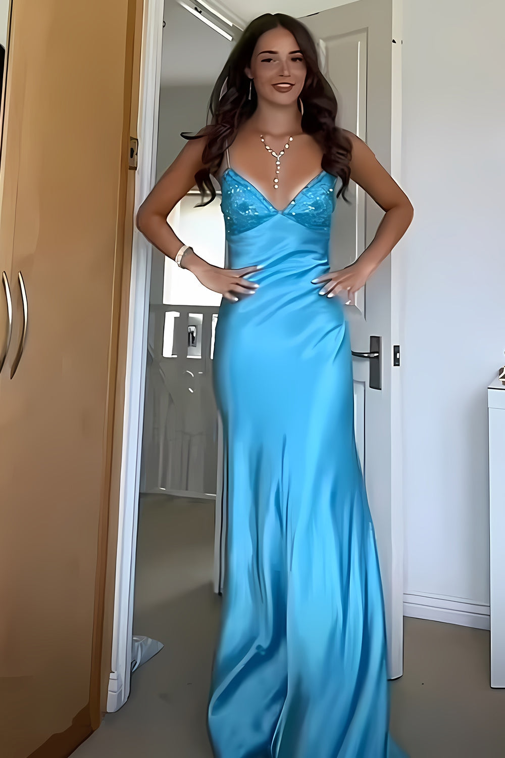 Stylish Sheath Spaghetti Straps Blue Long Prom Dresses
